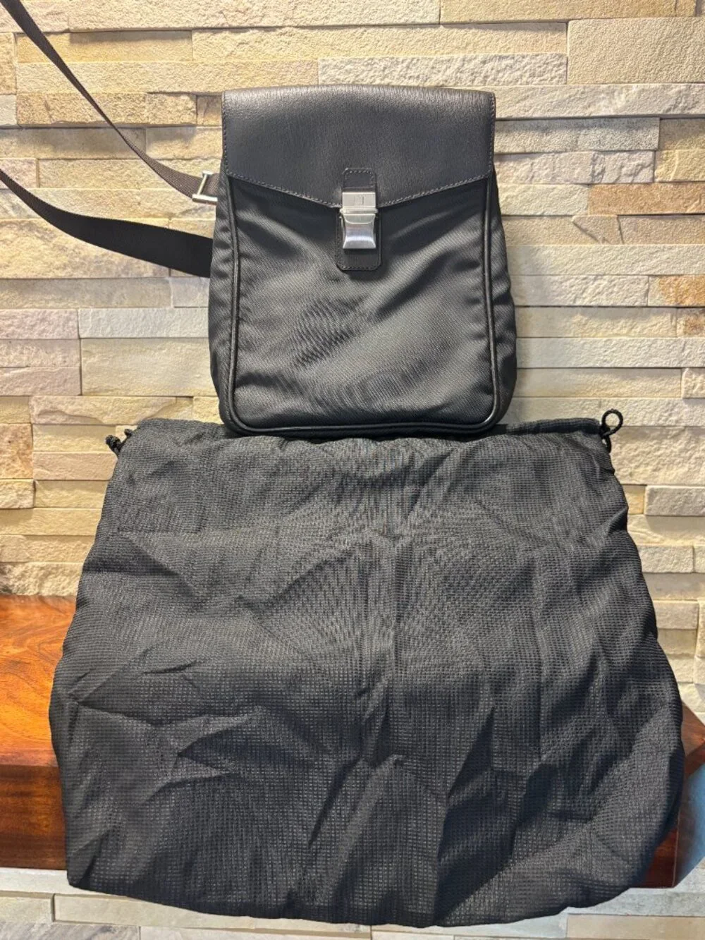 Vintage Dunhill Black Tech Nylon & Leather Crossbody Bag and dust bag